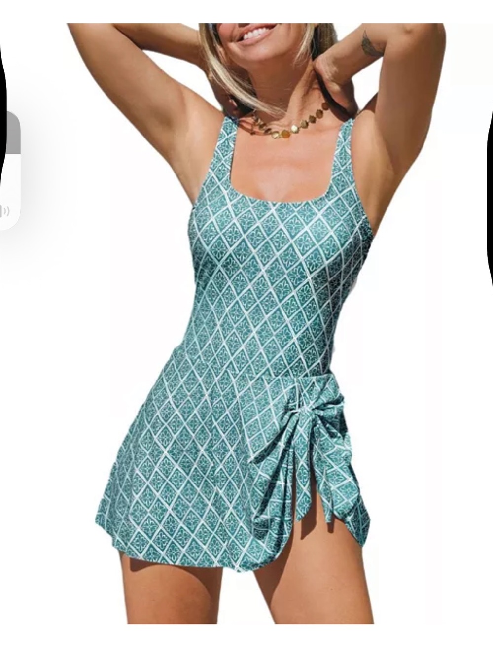 Cupshe Teal Diamond-Print One-Piece Swim Dress